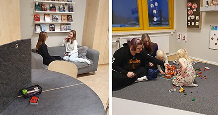 Förskolebarn som leker, samt skolelever som sitter i en soffa. 