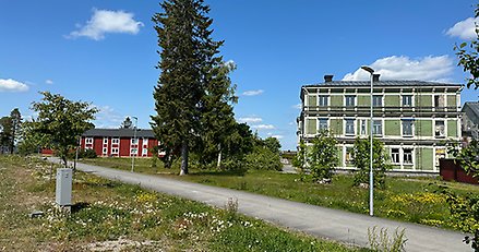 en stadsmiljö med ett stort grönt hus i höger bildkant och lägre röda hus till vänster