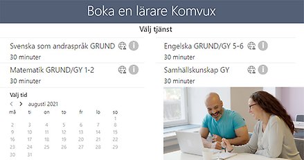 Skärmdump från bokningssidan men inklippt bild på elev och lärare