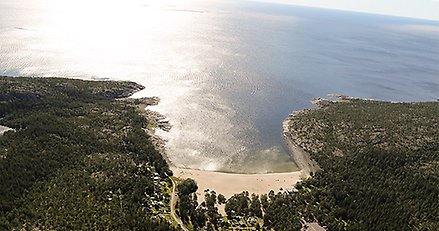 flygbild över en kuststräcka. I centrum syns en bred vik med en sandstrand.