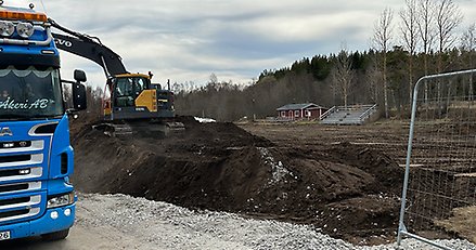 en grävskopa gräver jord och lastar i en lastbil