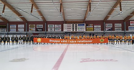 Hockeyspelare på isen med en banderoll med texten "Stoppa våld i nära relationer".