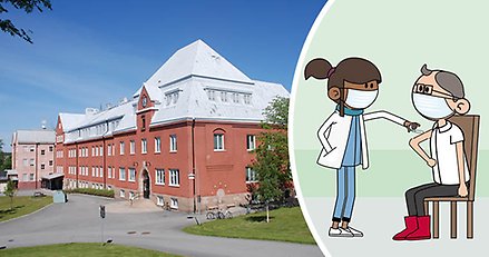 Johannesbergshuset och illustration av vaccination.