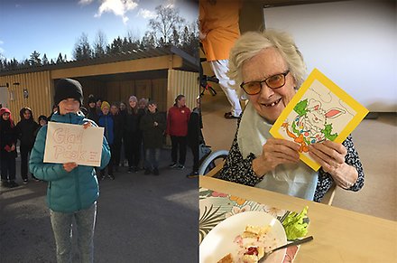 Fotomontage. Skolpojke visar påskhälsning och glad äldre dam som fått en påskhälsning