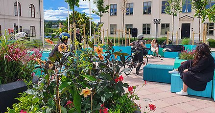 Människor som sitter på Stora torget på sommaren. 