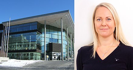 Montage: Sambiblioteket där Lärcentrum finns, och en porträttbild på verksamhetsutvecklaren Annika Lill.