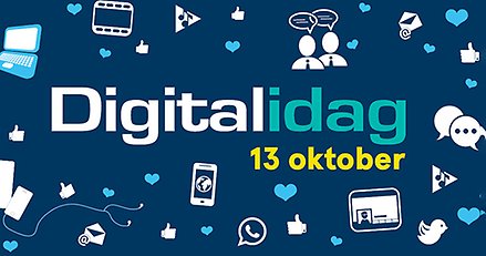 blå bakgrund, vita illustrationer av datorer, hörlurar och texten digitalidag 13 oktober