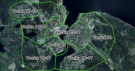 En karta över centrala Härnösand med sopningsområdena utmärkta.