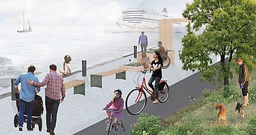 illustrerad visionsbild med kaj, bänkar, cykelväg, grönyta, i vattnet segelbåt och passagerarfärja