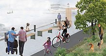 illustrerad visionsbild med kaj, bänkar, cykelväg, grönyta, i vattnet segelbåt och passagerarfärja