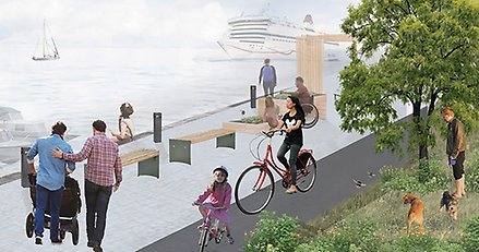 illustrerad visionsbild med kaj, bänkar, cykelväg, grönyta, i vattnet segelbåt och passagerarfärja