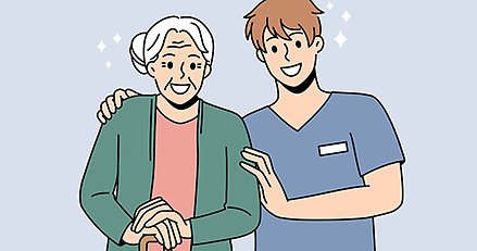 Illustration av glad hemtjänstpersonal som håller glad äldre person om axlarna.