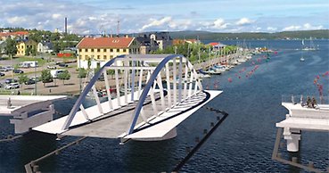 skiss av en vridbar bro som står i öppet läge