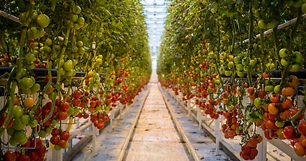 en gång i ett växthus med höga tomatplantor på båda sidor.