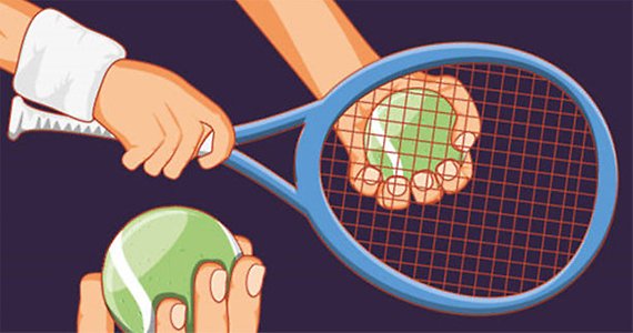 Tecknad bild på händer som håller i tennisracket och tennisboll