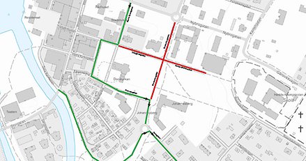 karta med röda och gröna linjer markerade