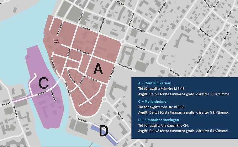 karta med tre områden markerade med olika färger