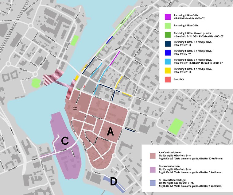 Karta över en stad med färgade linjer på olika vägar