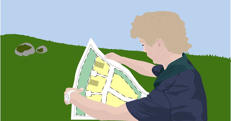 Illustration på en person bakifrån hållandes i en detaljplanekarta