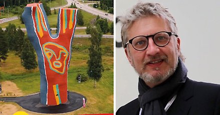 Bildmontage med foto av konstverket "Y:et" av Bengt Lindström och till höger en bild av filmskaparen Petter Österlund.