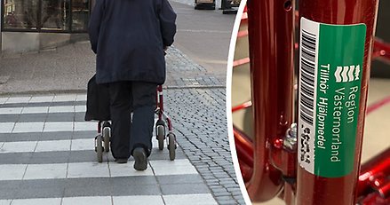 Kollage med en oidentifierbar person som korsar en väg med en rollator, och en detalj av en id-märkning på en rollator.