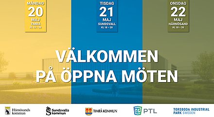 Bild i tre delar. Gul, blå, grön. Med tre olika datum. 20, 21, 22 maj. Test Timrå, Sundsvall, Härnösand.