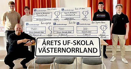 De vinnande UF-företagen från Härnösands gymnasium tillsammans med läraren Mattias Bylund, samt skylten som bekräftar att gymnasiet är Årets UF-skola 2023.