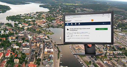 Fotomontage: En flygbild över centrala Härnösand och en bildskärm.