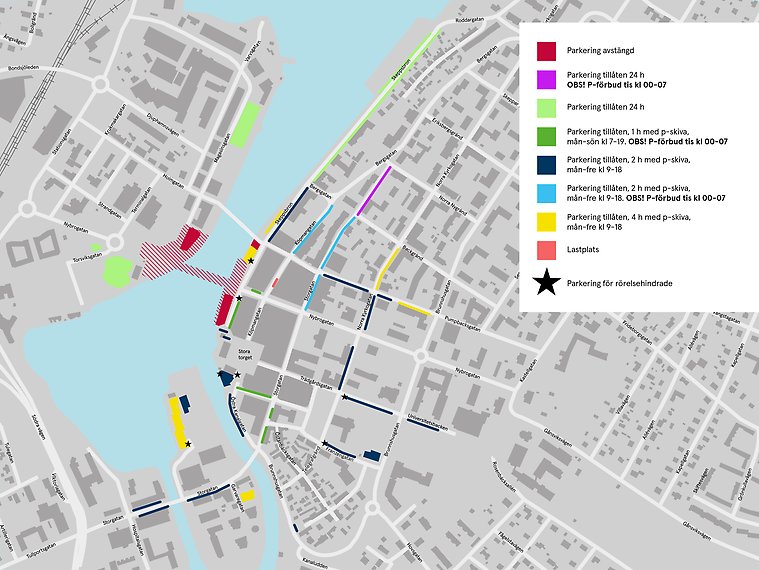 karta över stad med streck i olika färger på olika ställen