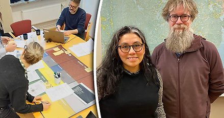 En bild på personer som arbetar engagerat vid ett stort konferensbord med papper pennor och datorer. Infälld en bild på en man och en kvinna.