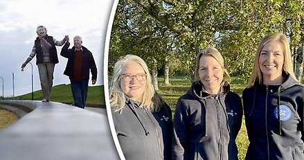 Kollage med dels en bild på ett äldre par där kvinnan balanserar och mannen håller henne i handen, dels en bild på tre leende kvinnor i profilkläder med texten "Härnösand".