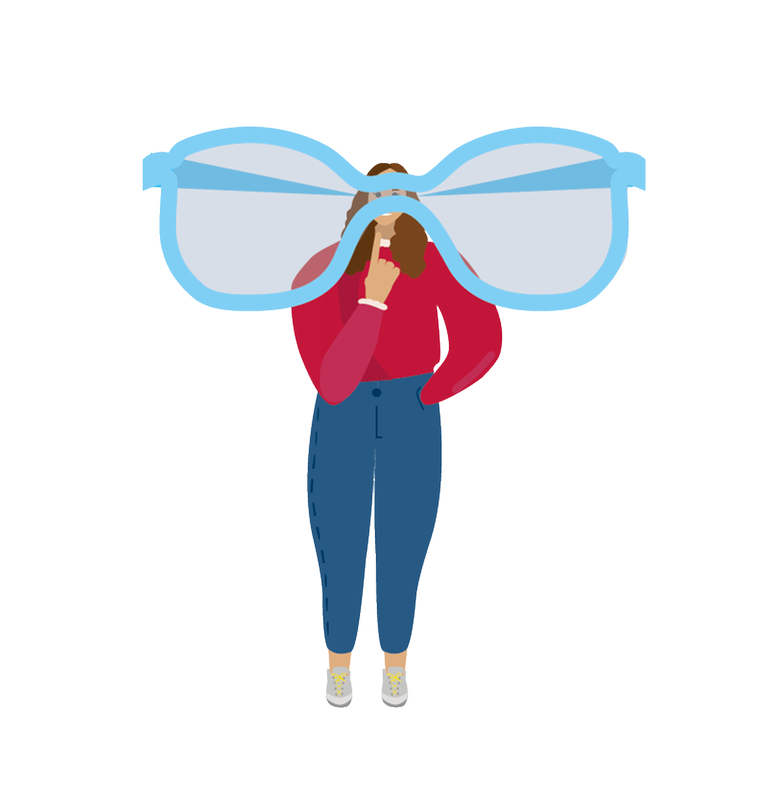 Illustration av kvinna med jätte stora glasögon i klara färger