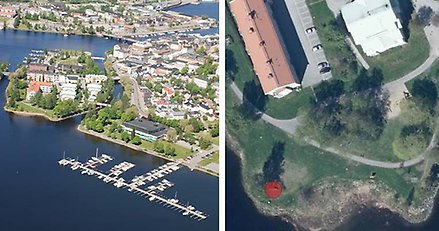 En flygbild över mellanholmen och en kartbild över var minnesmärket ska stå.