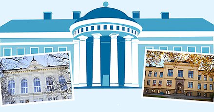 illustrerad bild på Härnösands rådhus, som tidigare var gymnasium. Och två infällda bilder på en vit byggnad och en gyl byggnad. Dessa två är också gymnasiets byggnader.