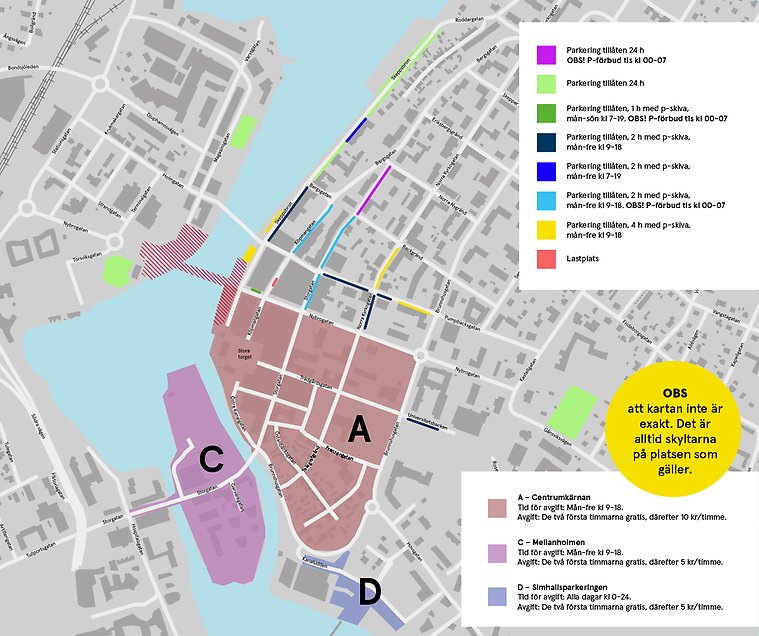 Karta över en stad med färgade linjer på olika vägar