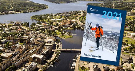 Fotomontage: En flygbild över Härnösand och årsredovisningen.