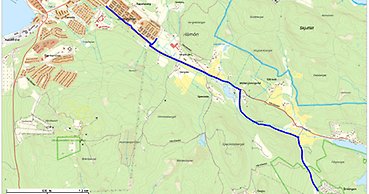 karta med en sträcka markerad med blått streck