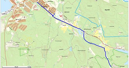 karta med en sträcka markerad med blått streck