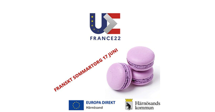 Vit botten med text Franskt sommartorg, lila macarons, EU-logotyp och Härnösands kommuns kommunvapen