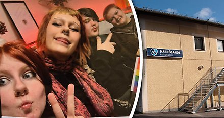 Bildkollage med dels en bild på fyra glada ungdomar, dels en exteriörbild på Härnösands fritidsgård.