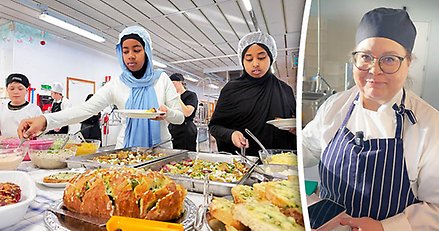 Bildkollage med dels skolbarn i mellanstadieåldern, dels porträttbild på en kvinna i kockkläder.