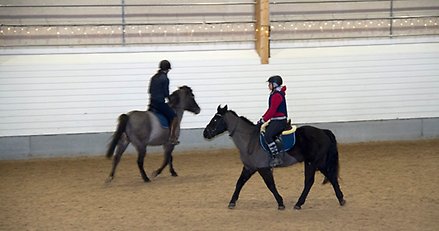 två hästar med ryttare i ett ridhus
