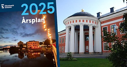 Kollage med bild på rådhuset i Härnösand samt försättssidan på Årsplan 2025.