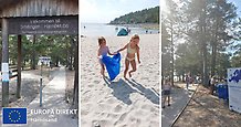 Kollage med tre bilder från Smitingens havsbad i Härnösand. Den mittersta bilden visar två barn som samlar skräp i en sopsäck på stranden. 