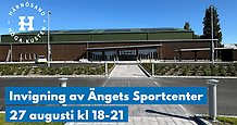 Exteriör bild på sporthall. Infällt i bilden vimplar i olika färger och texten Invigning 27 aug 18-21