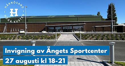 Exteriör bild på sporthall. Infällt i bilden vimplar i olika färger och texten Invigning 27 aug 18-21