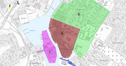 karta med olika områden markerade med olika färger.