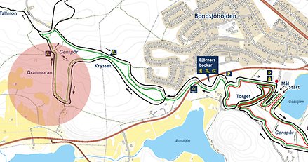En karta över Bondsjöhöjdens motionsspår där området Granmoran är rödmarkerat.