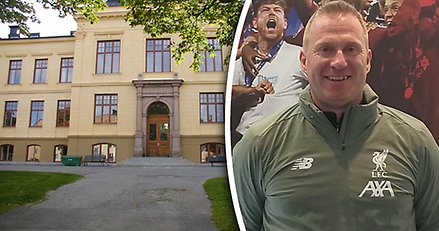 Kollage som visar dels entrén till Härnösands gymnasium, dels en bild på en leende fotbollstränare.
