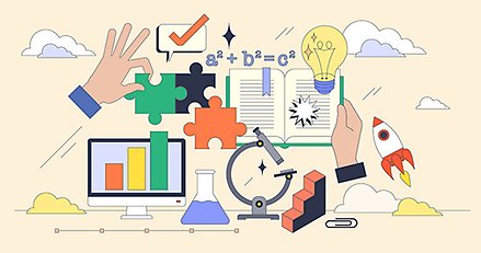 Illustration med glödlampa, pusselbitar, rymdraket och många andra föremål.